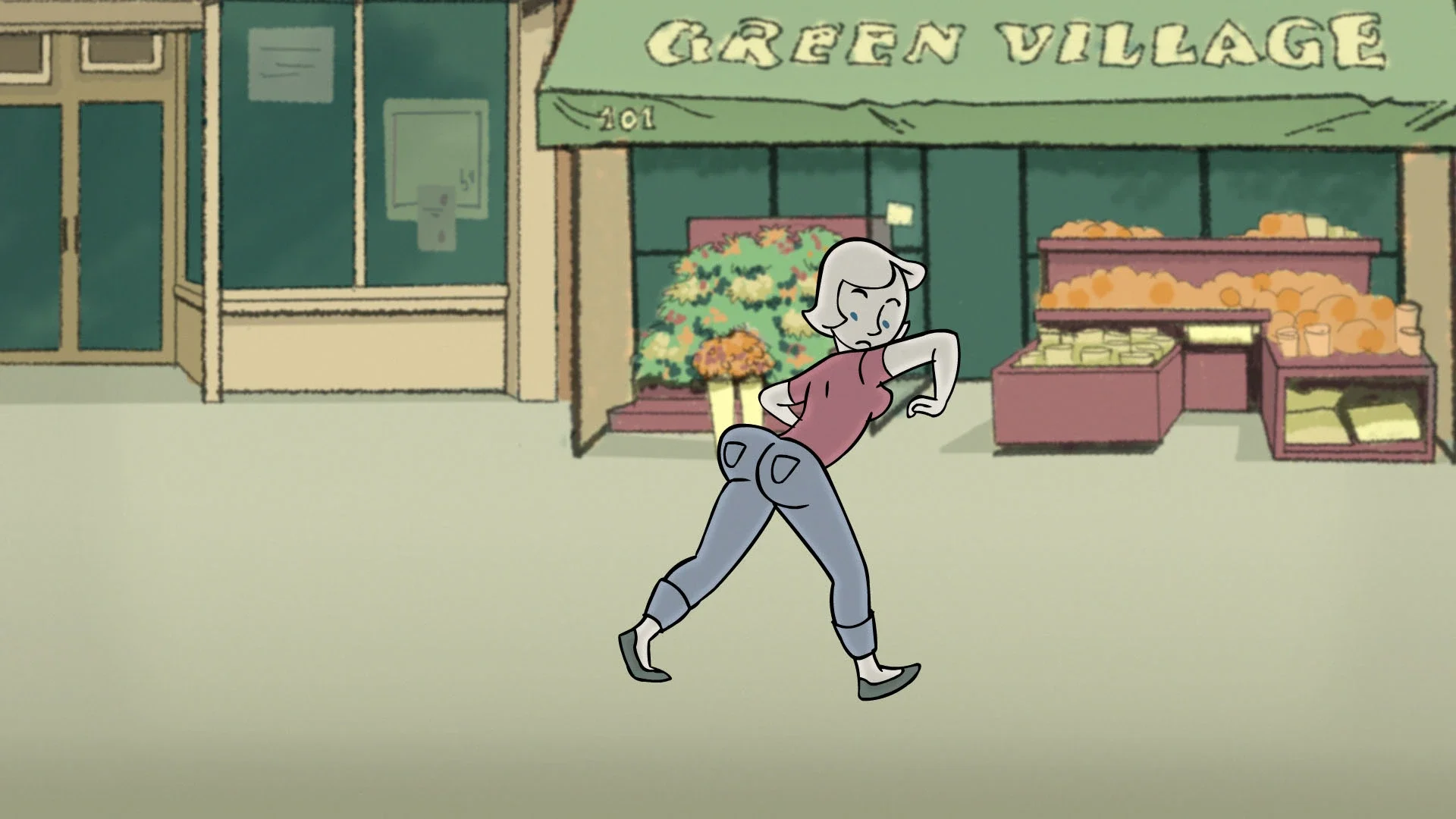 2D animation of a woman outside a Green Village grocery store.