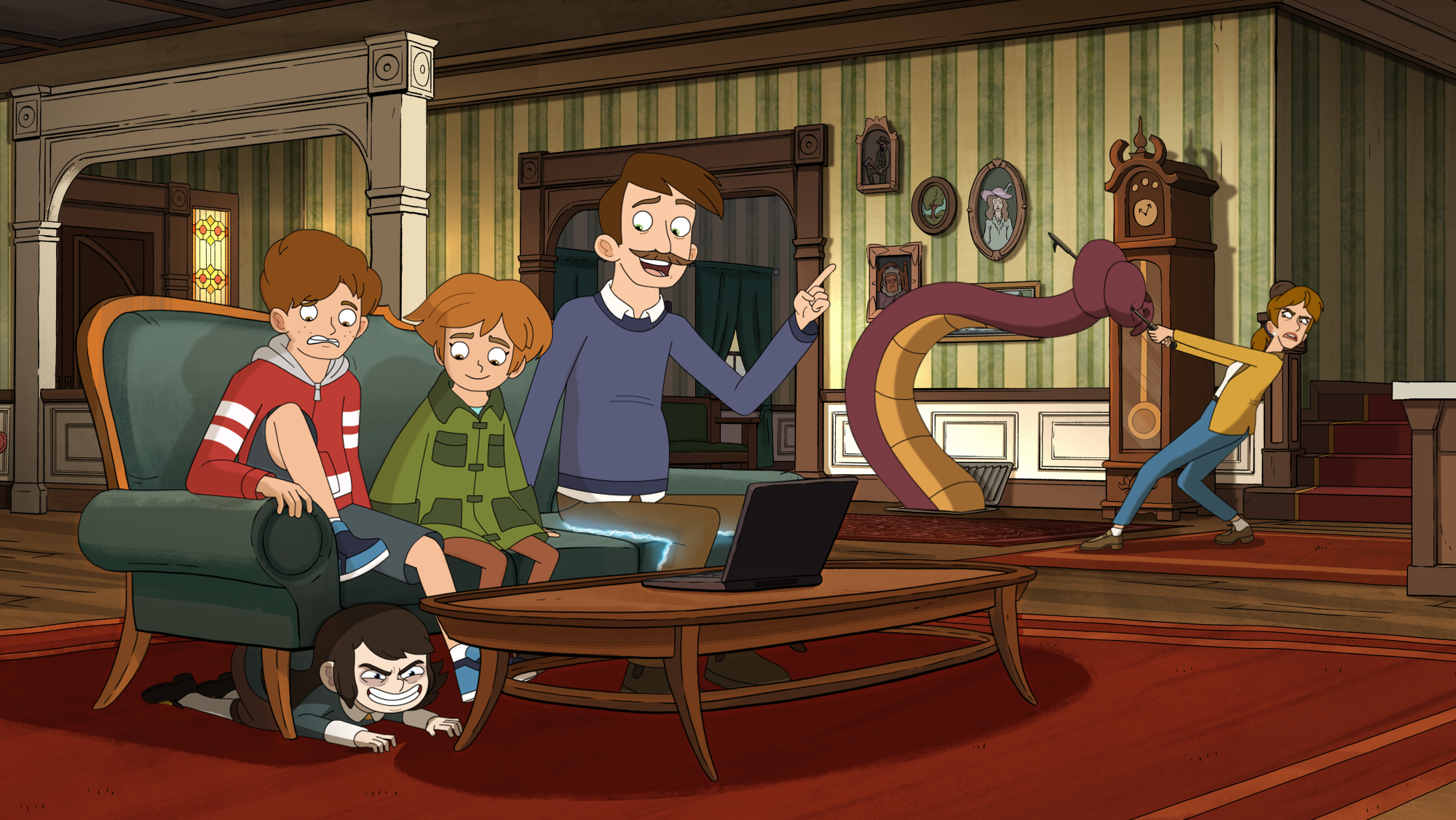 Animated family in a haunted hotel living room with a glowing ghost father pointing to a laptop while a purple tentacle monster looms by a clock.