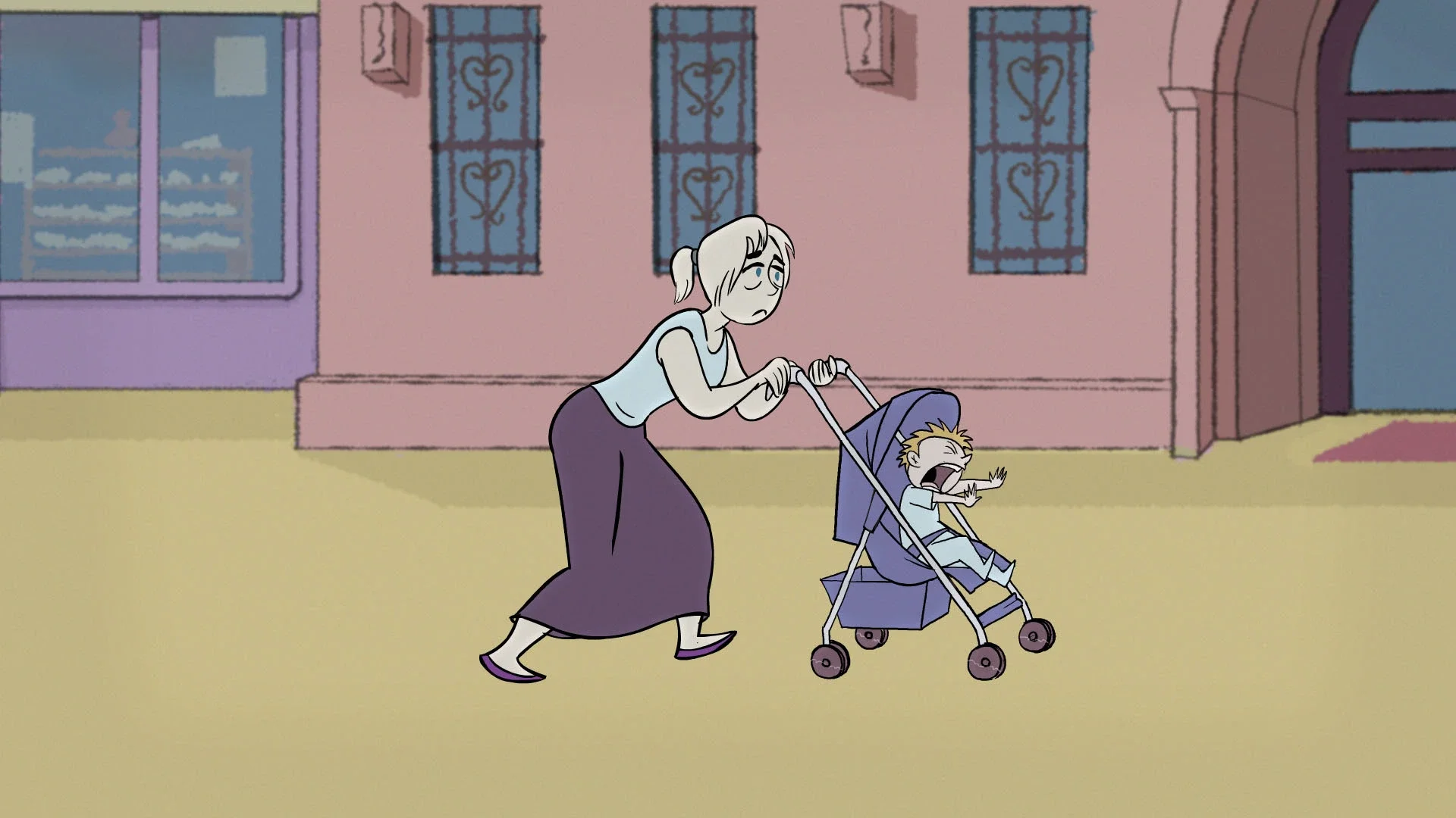 2D animation of a woman pushing a crying baby in a purple stroller along a city sidewalk.