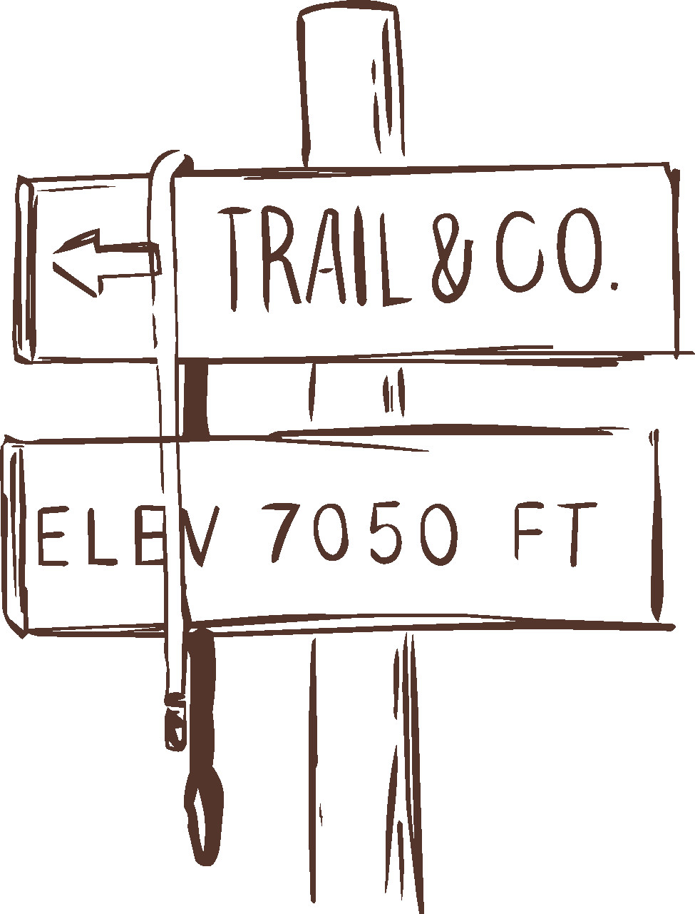 A sketch of a trail sign with an arrow pointing left, reading 'TRAIL & CO.' and 'ELEV 7050 FT.'