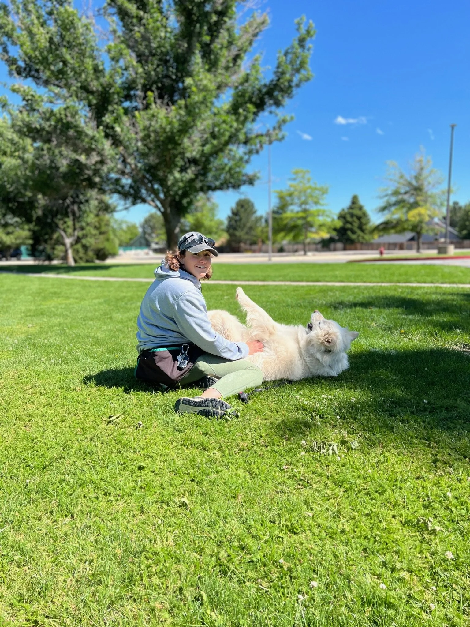 A woman sitting on green grass in a park with two dogs, smiling, under a large tree on a sunny day.