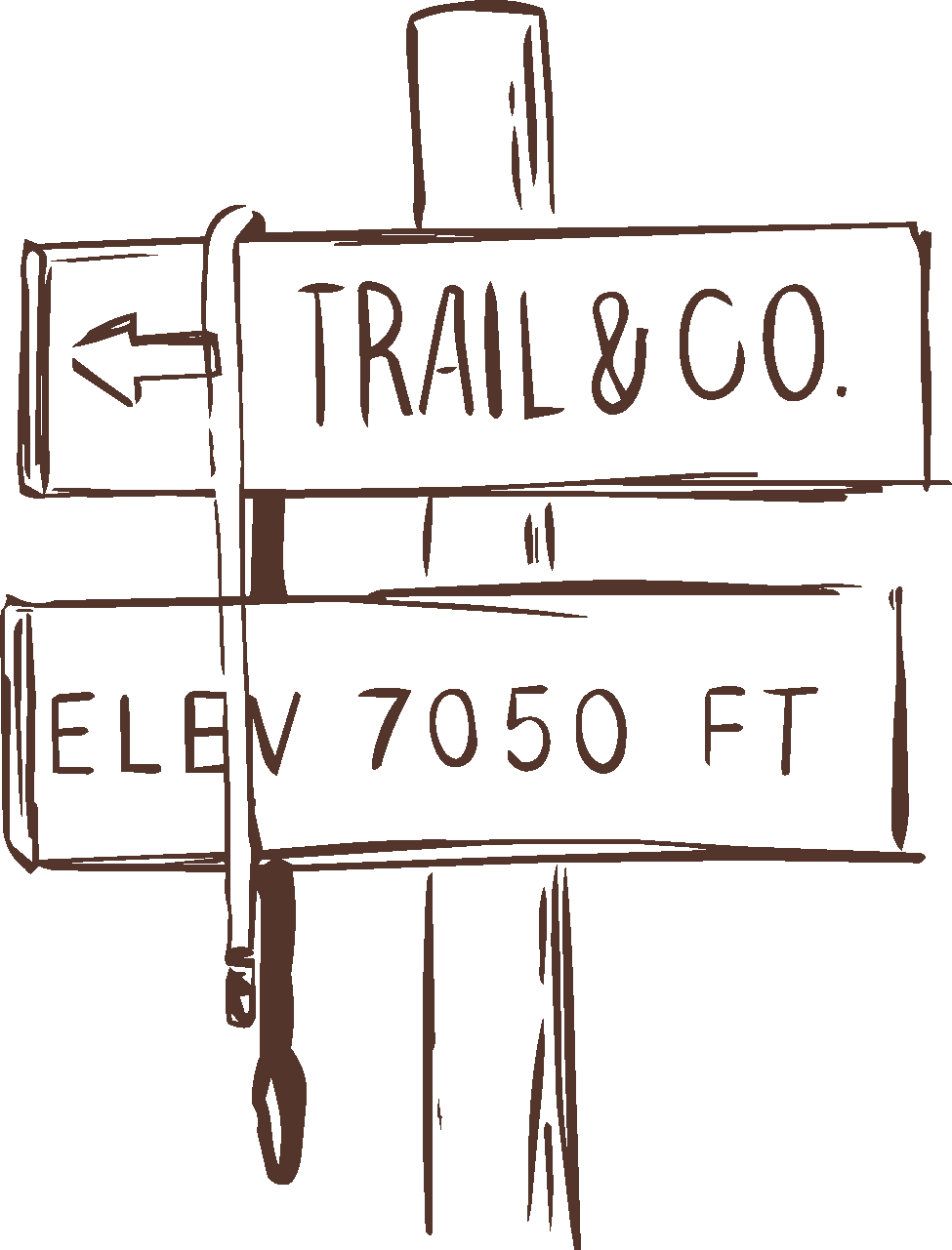 A hand-drawn signpost with three signs. The top sign reads "TRAIL & CO." with an arrow pointing to the left. The middle sign reads "ELEV 7050 FT" indicating elevation.