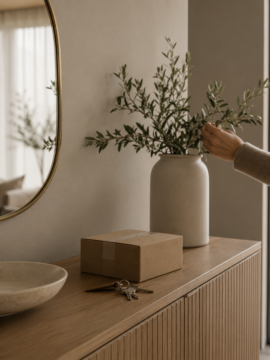 A wooden sideboard with a beige bowl, keychain, and a cardboard box. A white ceramic vase with green leafy branches is on top. A mirror with a gold rim reflects part of the room and window curtains.