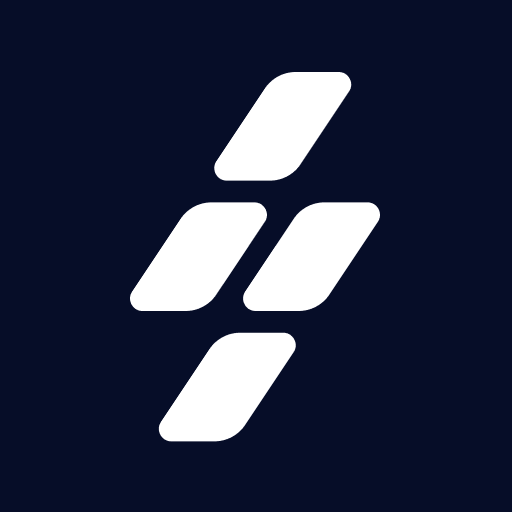 Abstract logo with four white slanted rectangles on a dark background.