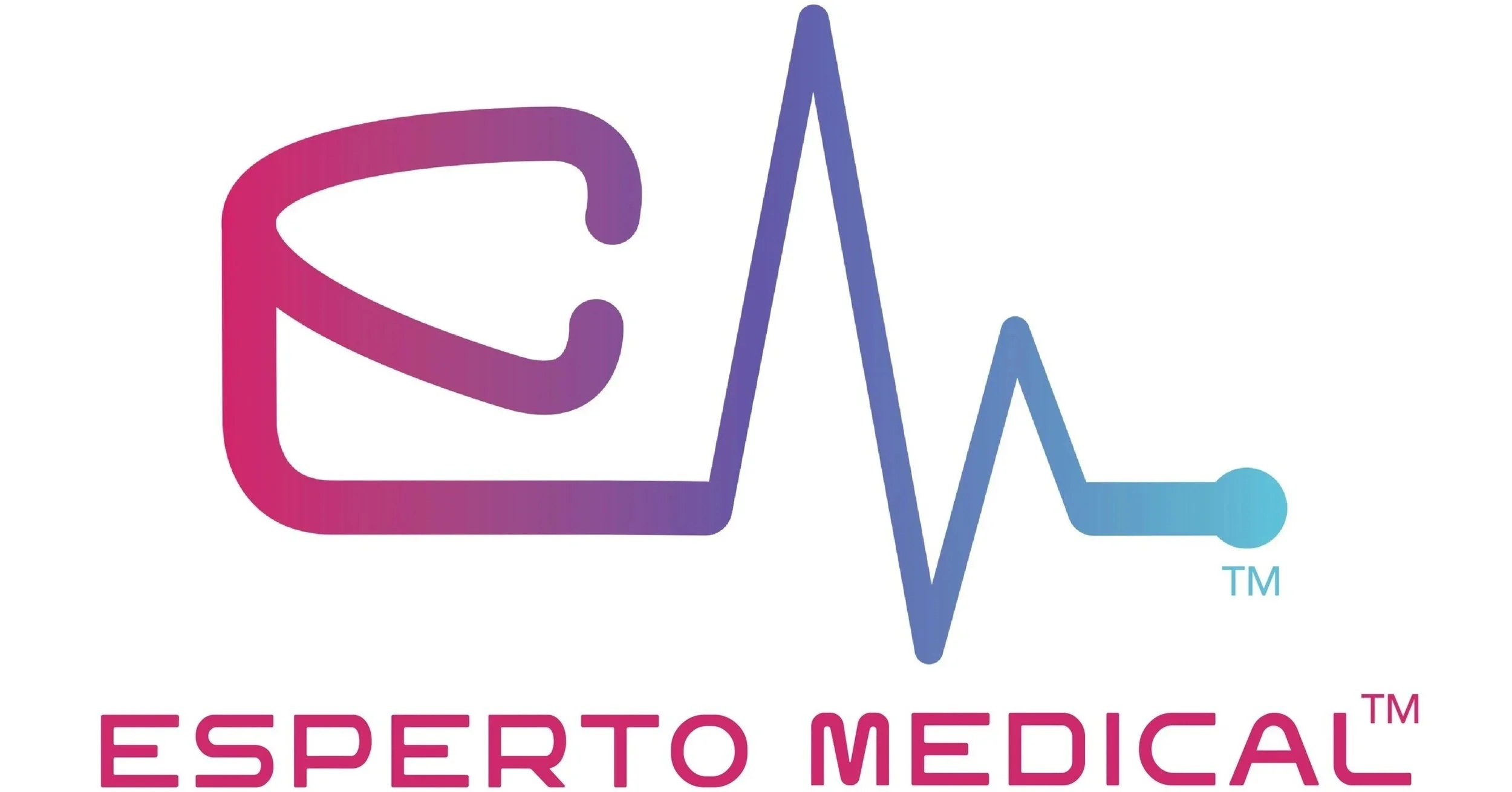 The logo for Esperto Medical features a stylized pink stethoscope on the left and a blue heartbeat line on the right, forming a cohesive medical symbol.