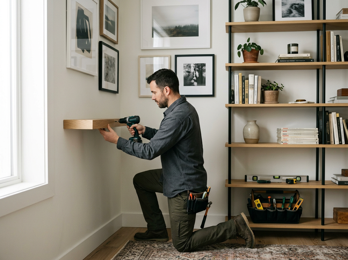 A man installing a floating shelf on a wall in a room with framed pictures and a bookshelf, using a cordless drill, while kneeling on a rug.