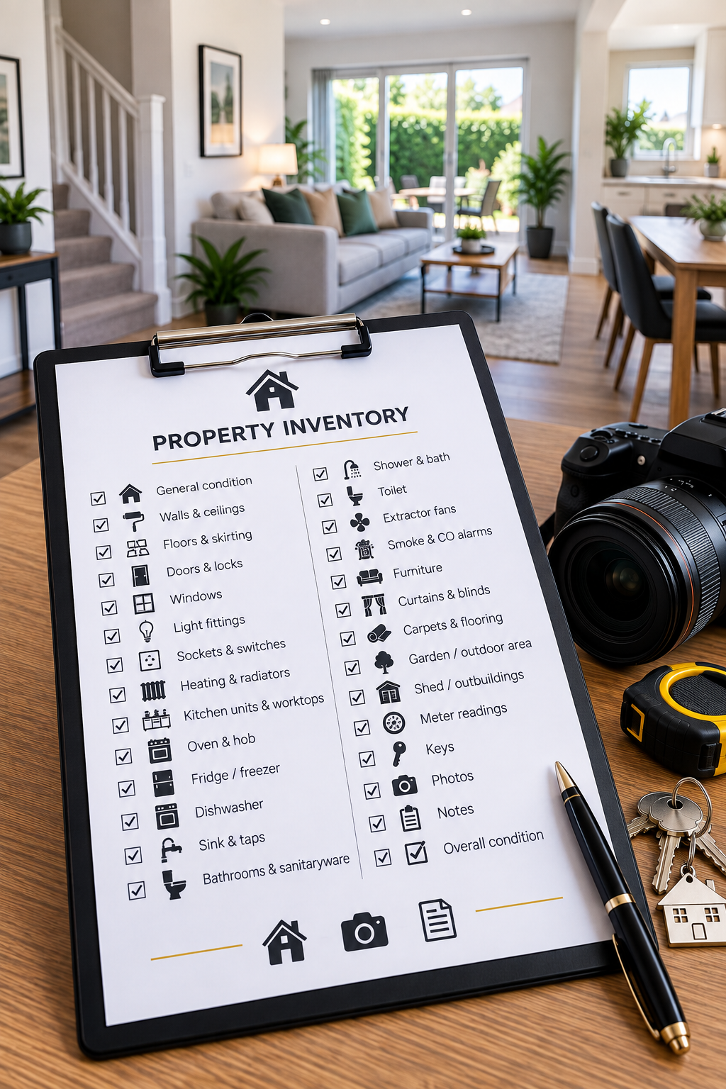 A property inventory checklist on a clipboard placed on a wooden table in a modern living room with plants, a sofa, and sliding glass doors to an outdoor patio.