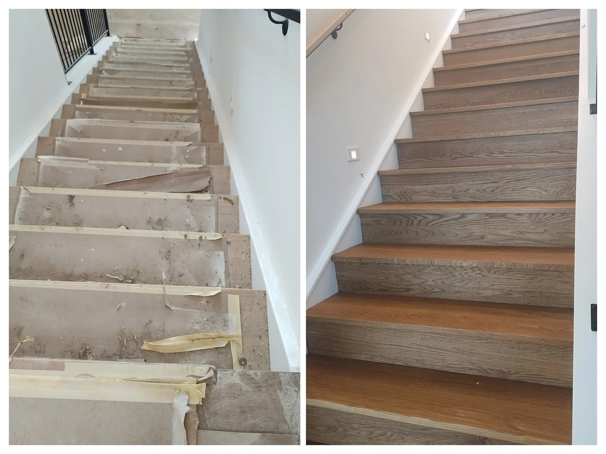 Comparison of staircase before and after flooring renovation, with unfinished stairs on the left and finished wooden stairs on the right.