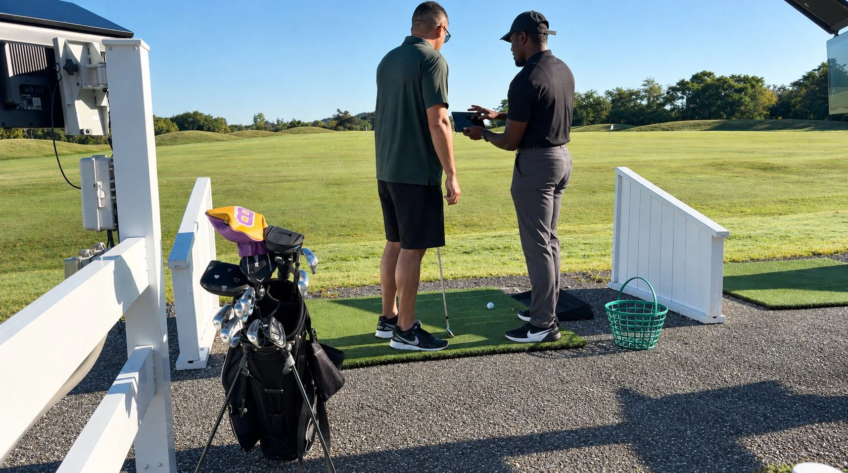 Physical therapist and client reviewing movement together on a tablet on a golf course.