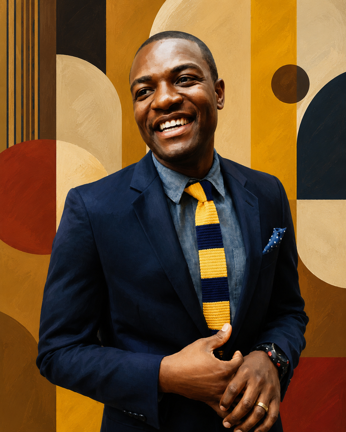 A smiling African American physical therapist in a navy suit and blue shirt, with a yellow and navy striped tie, standing in front of an abstract geometric artwork.