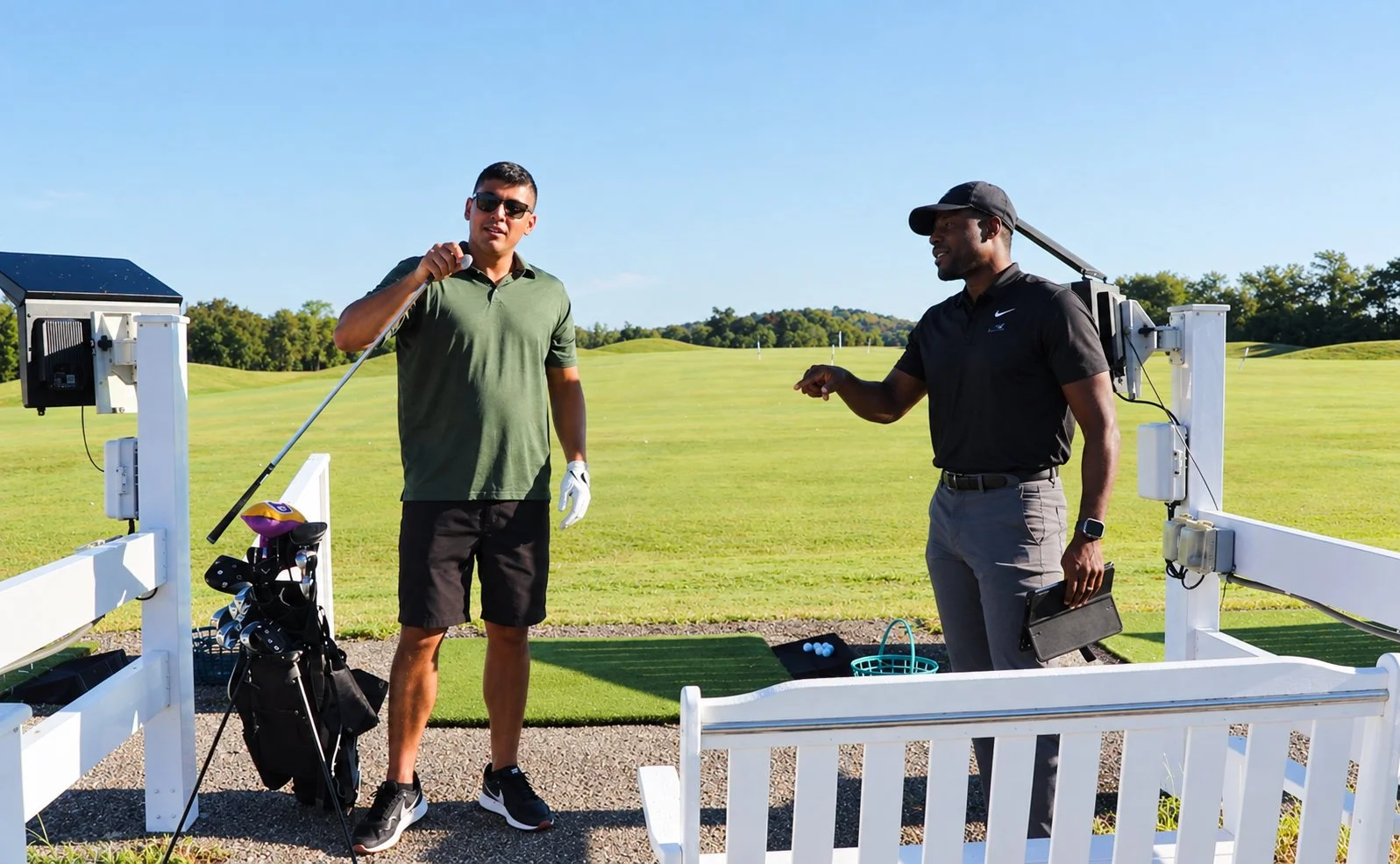 Physical therapist listens to a golfer on a golf course during a conversation about their movement and goals.