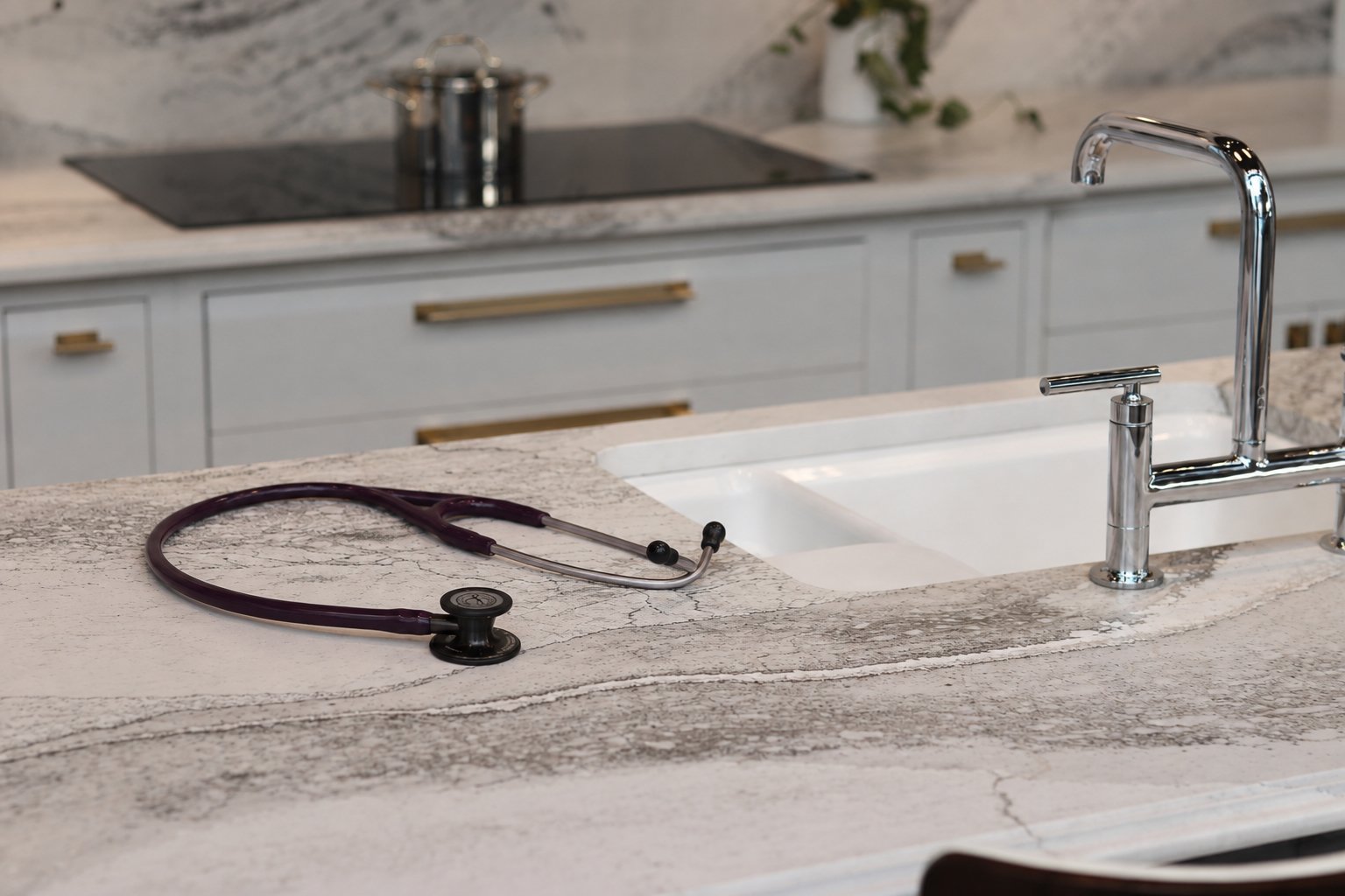 Stethoscope resting on a kitchen island in a home