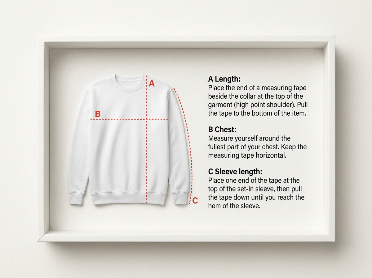 Diagram illustrating how to measure a sweatshirt for sizing, with labels and instructions for measuring length (A), chest (B), and sleeve length (C).