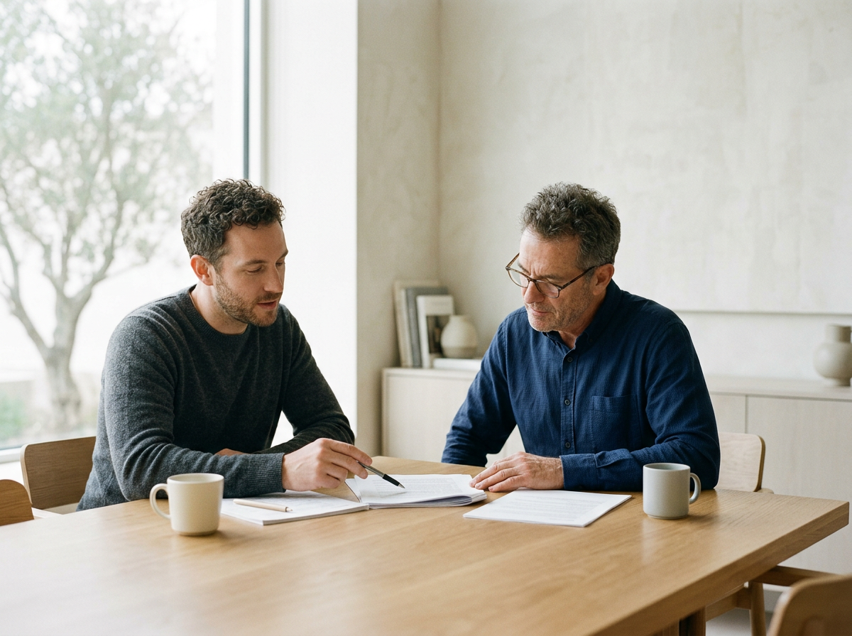 Two men are sitting at a wooden table, reviewing documents. One man is younger with curly hair, wearing a dark sweater, and pointing at the papers. The other man is older with gray hair and glasses, wearing a blue shirt, and looking at the documents. There are two coffee mugs on the table, and a large window with trees outside in the background.