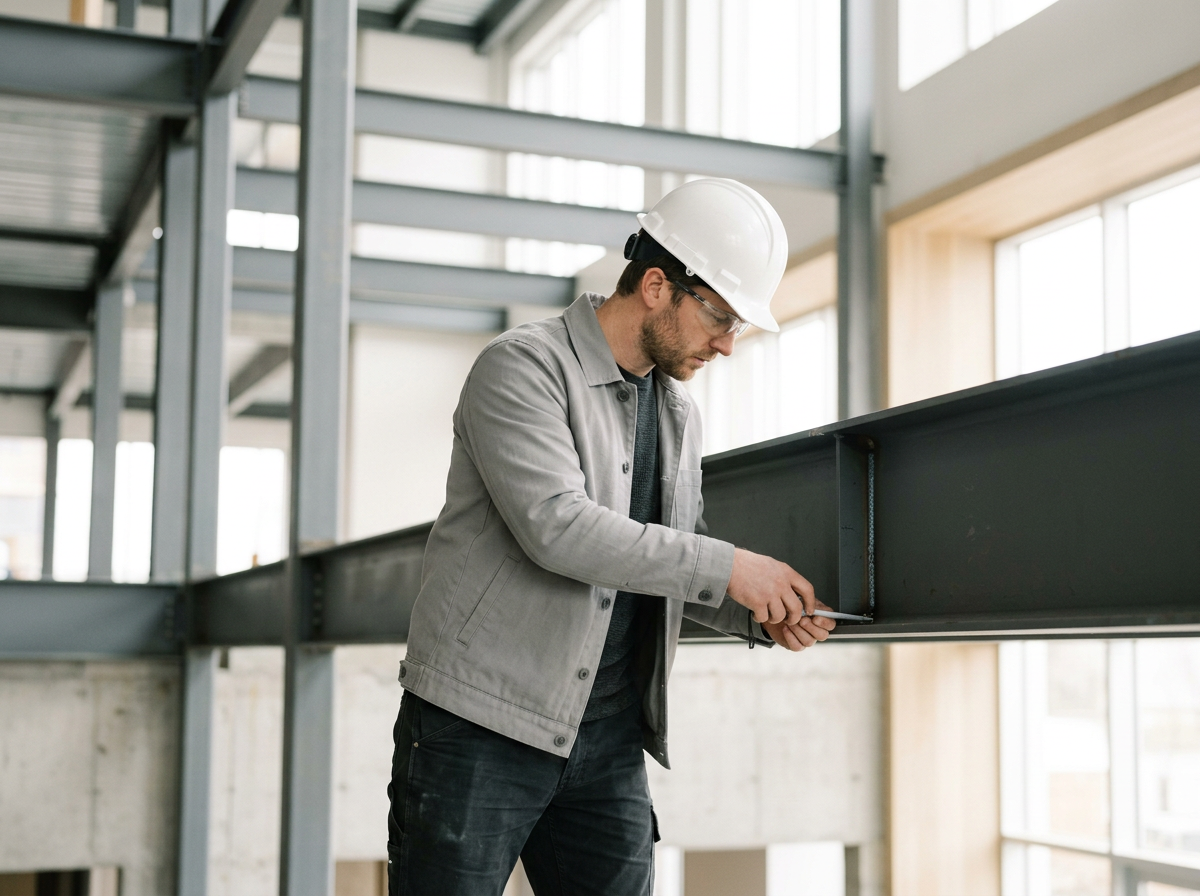 A man wearing a construction helmet and safety glasses working on steel beams inside a building under construction.