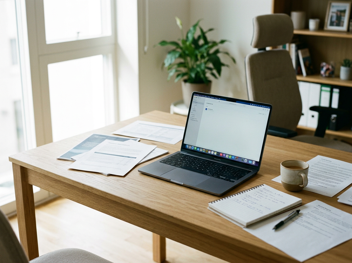 A tidy home office with a wooden desk featuring an open laptop, scattered documents, a coffee mug, a spiral notepad, and a pen. In the background, a gray office chair, a large window, a green plant, and a wooden shelf with books and photos are visible.
