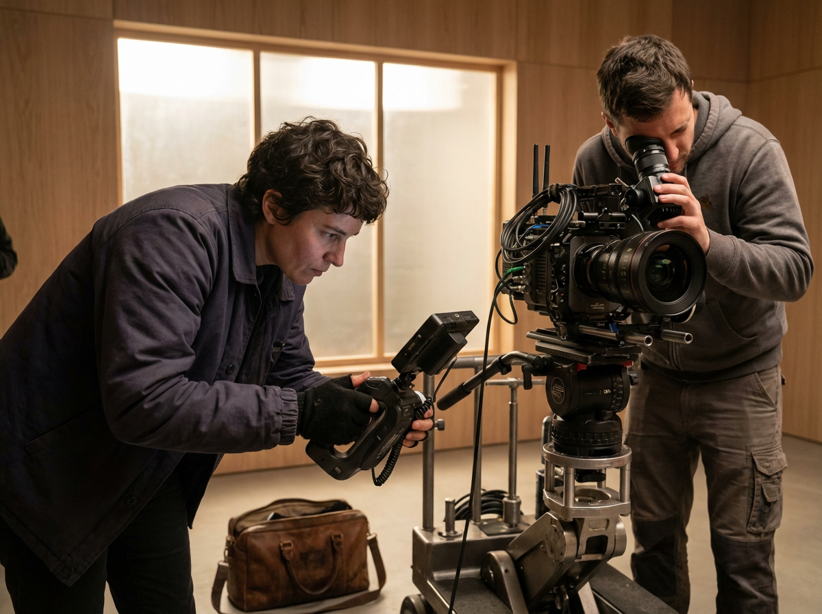 Two men are working together with a professional video camera in a room with wooden walls and large windows. One man is looking into the camera's viewfinder, and the other is adjusting equipment or settings, with a brown bag on the floor next to them.
