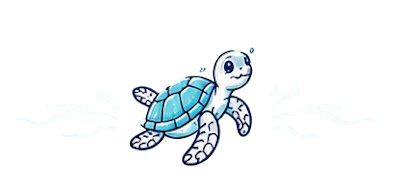 Cute cartoon turtle swimming in water with a cheerful smile.
