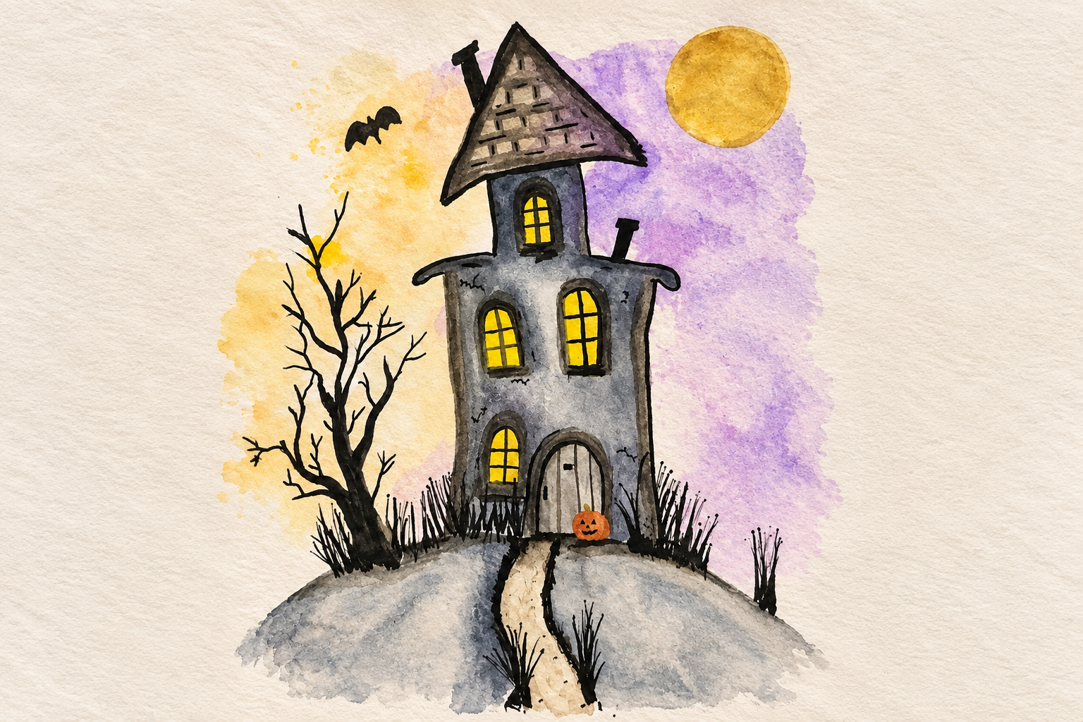Crooked Haunted House: A Halloween Watercolor Night