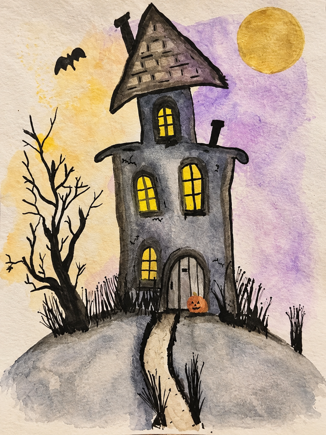 Crooked Haunted House: A Halloween Watercolor Night
