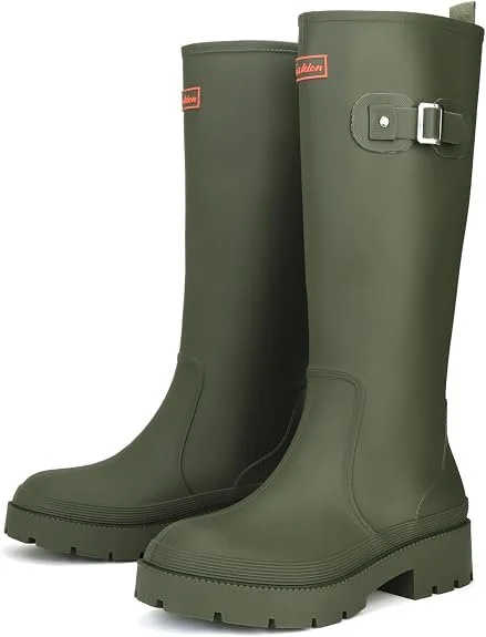 Pair of green rubber rain boots with buckle detail