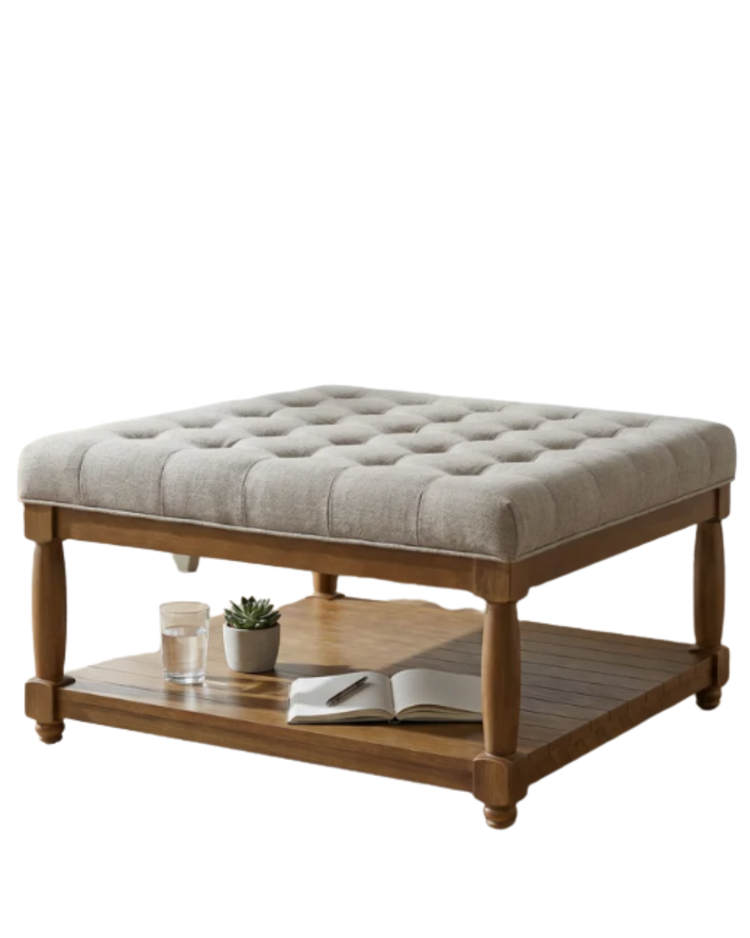 A coffee table with a padded cushioned top, a lower wooden shelf with a glass of water, a potted plant, an open book, and a pen.