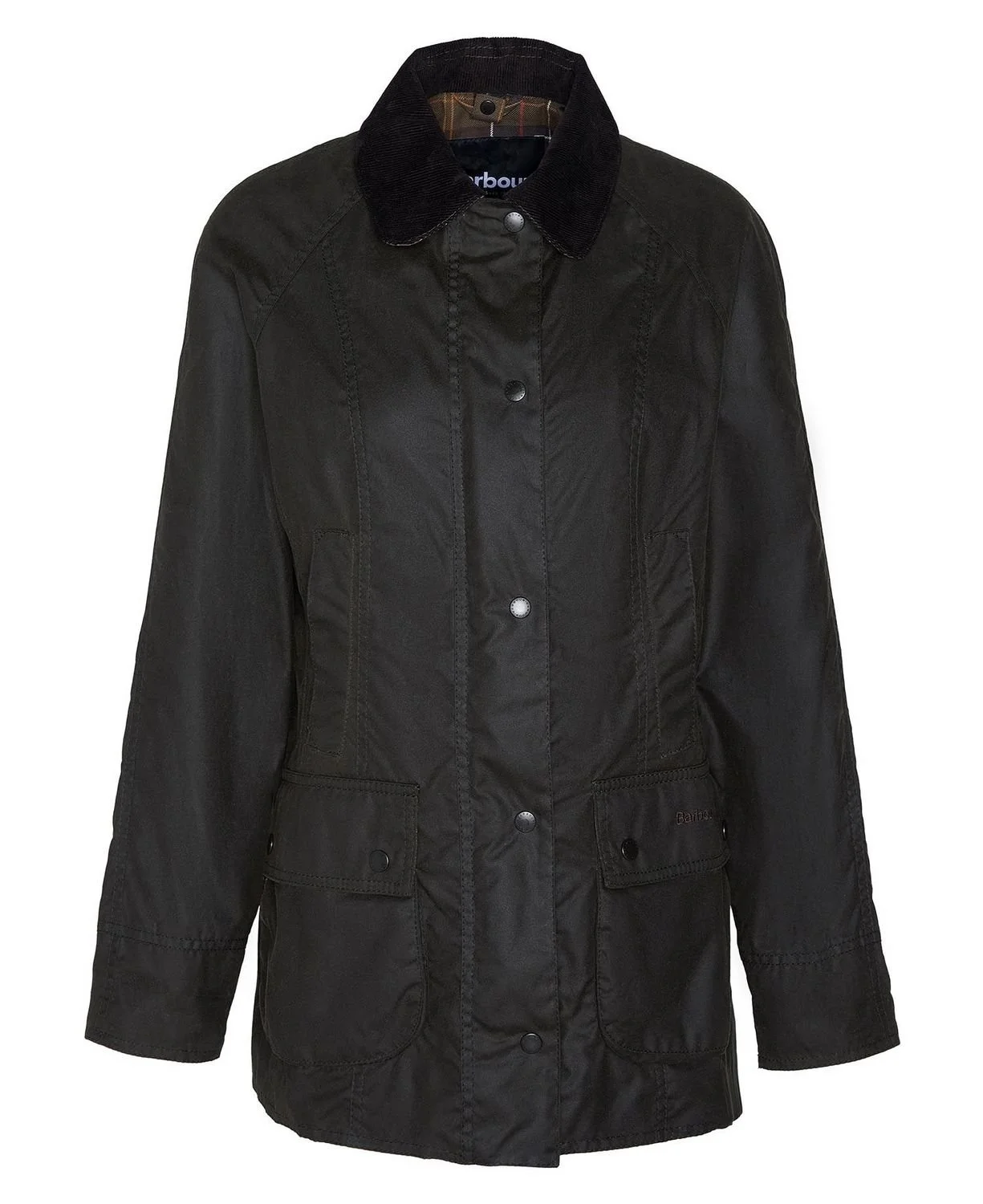 Black jacket with a corduroy collar and snap buttons, front view
