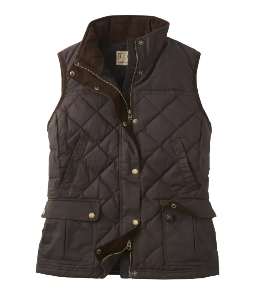 Black quilted sleeveless vest with multiple pockets, brown collar, and front zipper.