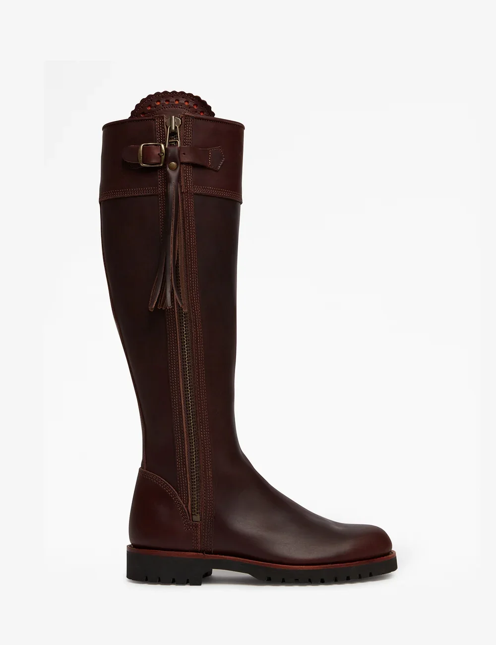 A tall, dark brown leather riding boot with a side zipper, buckle detail, and a low heel.