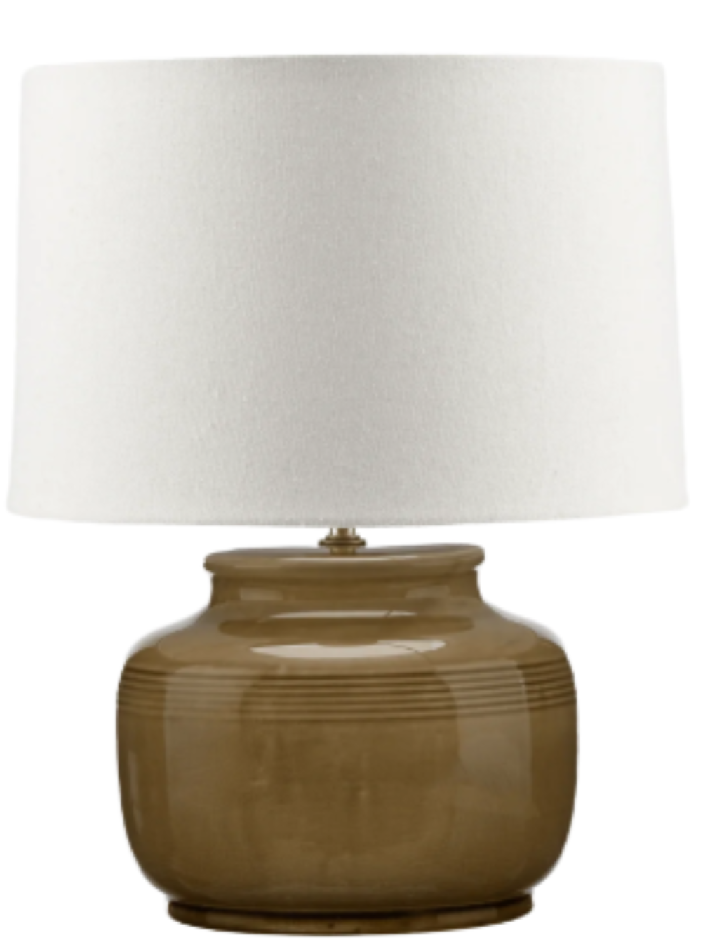 A table lamp with a beige ceramic base and a large white fabric lampshade.