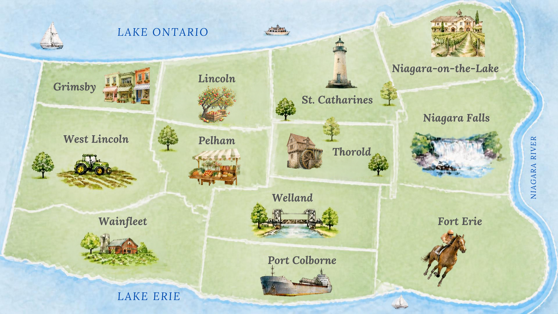 A colorful illustrated map of a region around Lake Ontario and Lake Erie showing towns such as Wainfleet, Port Colborne, Welland, Thorold, Niagara Falls, Niagara-on-the-Lake, and Grimsby, with icons representing local landmarks like a castle, lighthouse, waterfall, vineyard, farm, and ship.