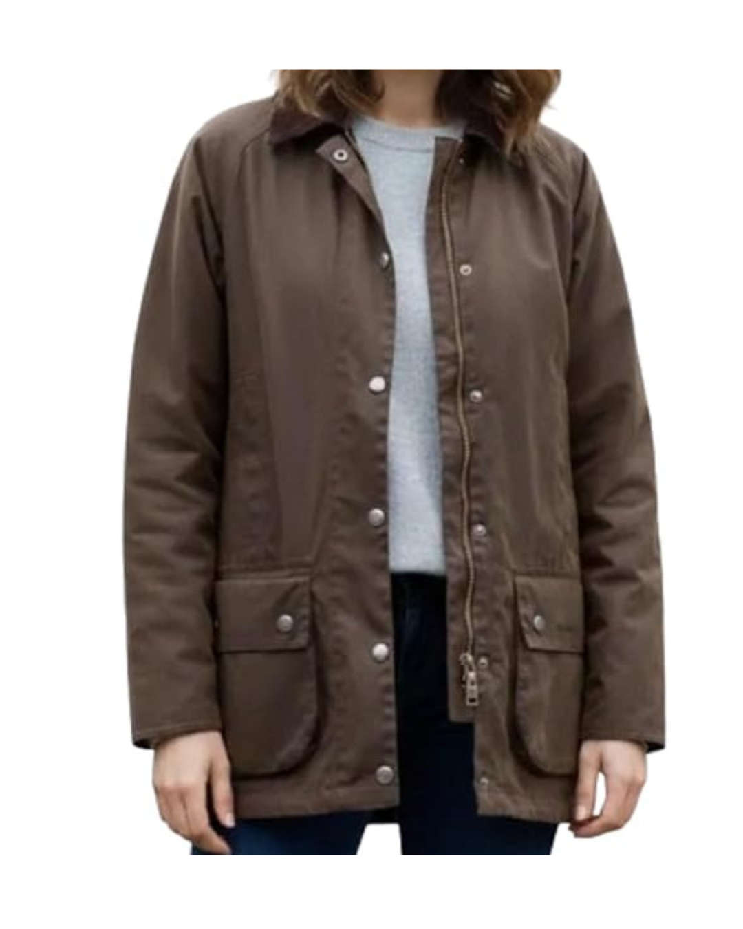 A person wearing a brown button-up jacket over a gray shirt, with only the upper body visible.
