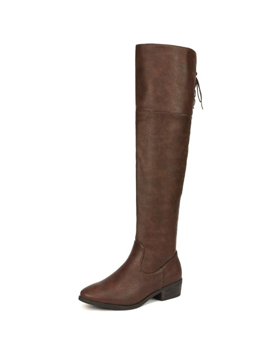 A tall brown leather riding boot with a low heel and laces at the back.