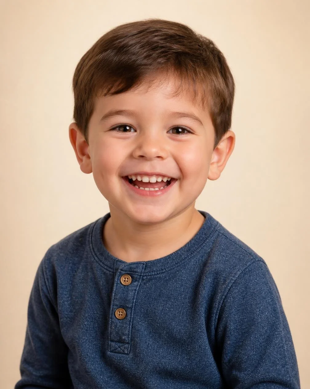 A young boy with brown hair and brown eyes smiling, wearing a navy blue long-sleeve shirt with brown buttons, against a plain beige background.