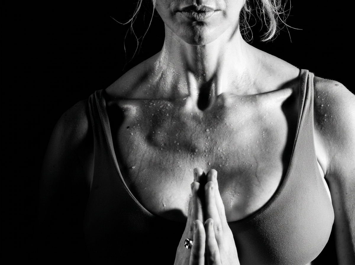 A close-up black and white photo of a woman in a tank top with water droplets on her skin, her hands in a prayer position, and her lips pressed together.