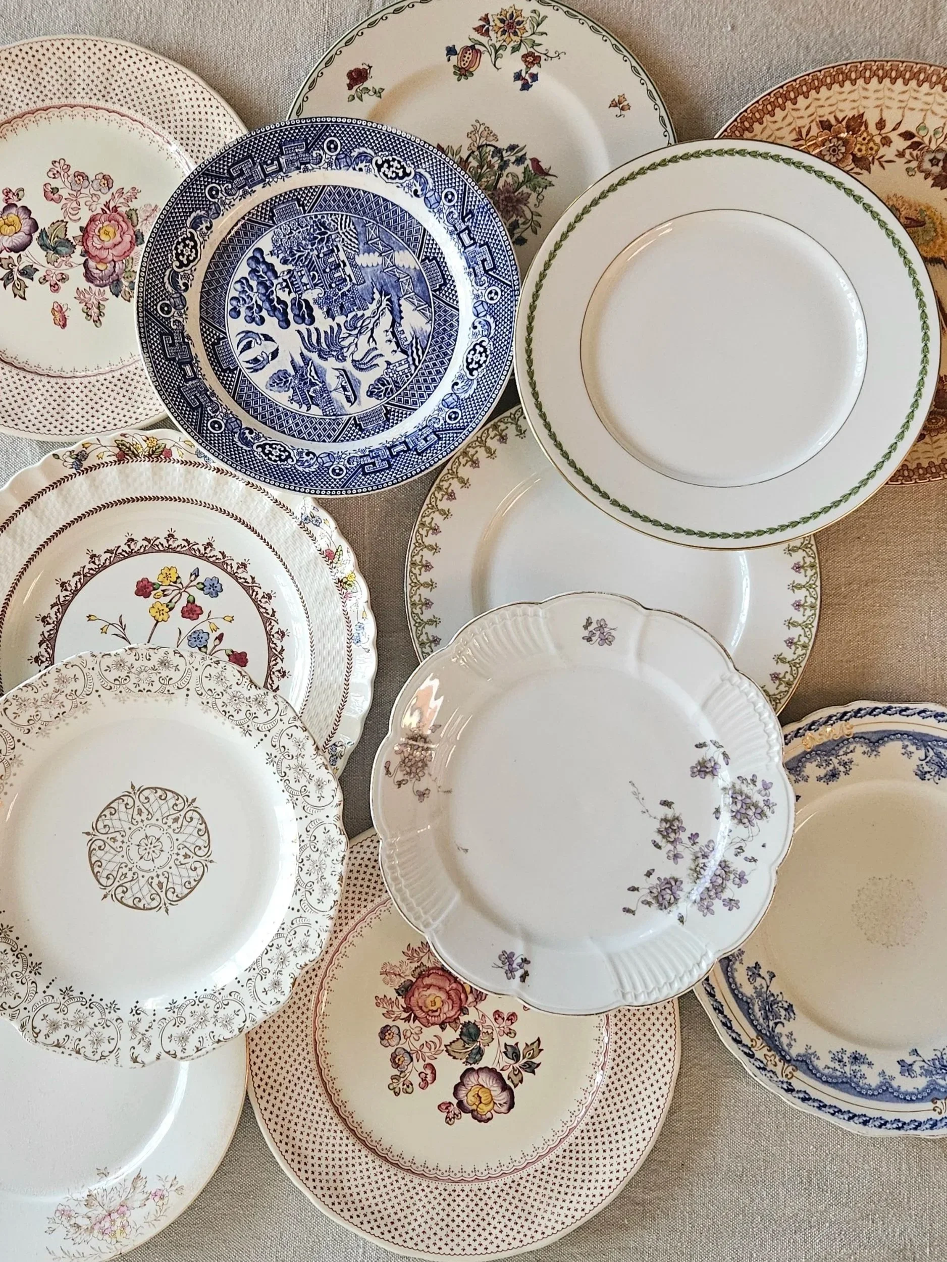 Mixed pattern vintage dinner plates