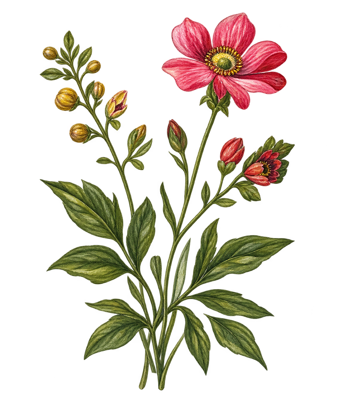 A botanical illustration of a flowering plant with green leaves, pink buds, and a single large pink flower blooming, attributed to Anemone hupehensis.