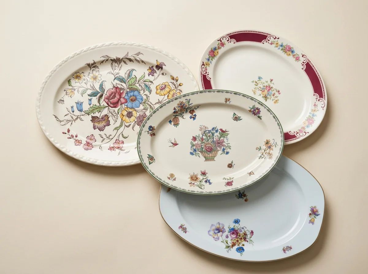 Four decorative porcelain plates with floral patterns, arranged overlapping on a light-colored surface.