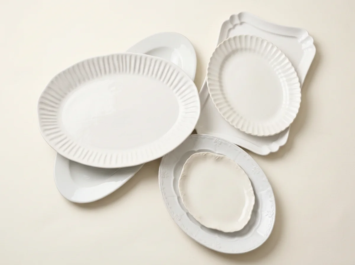 Various white ceramic plates with different shapes and decorative edges stacked and arranged on a light surface.