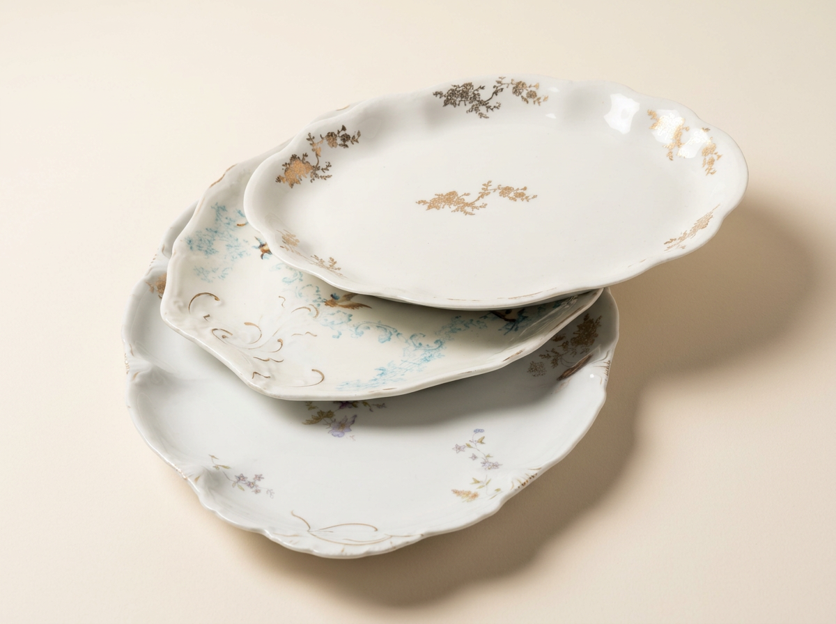 Three stacked vintage porcelain plates with floral and gold detailing on a neutral background.