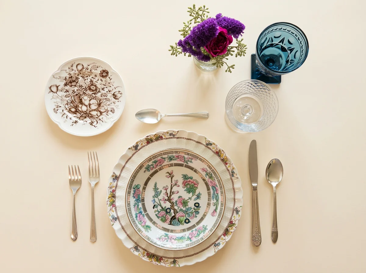 Elegant table setting with a floral patterned plate, a smaller bowl, a fork, knife, spoon, a small decorative plate, a spoon, two water glasses, a blue glass, and a vase with purple and pink flowers on a neutral background.