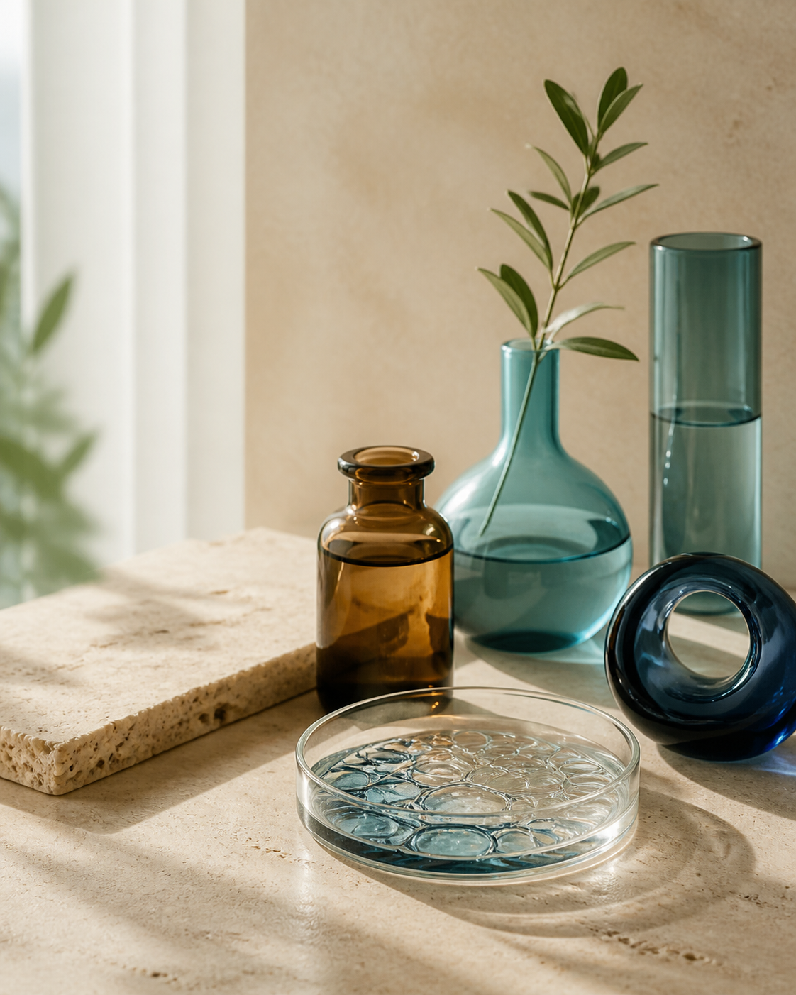 Amber and teal glass vessels with a botanical sprig and subtle cellular pattern in warm natural light.