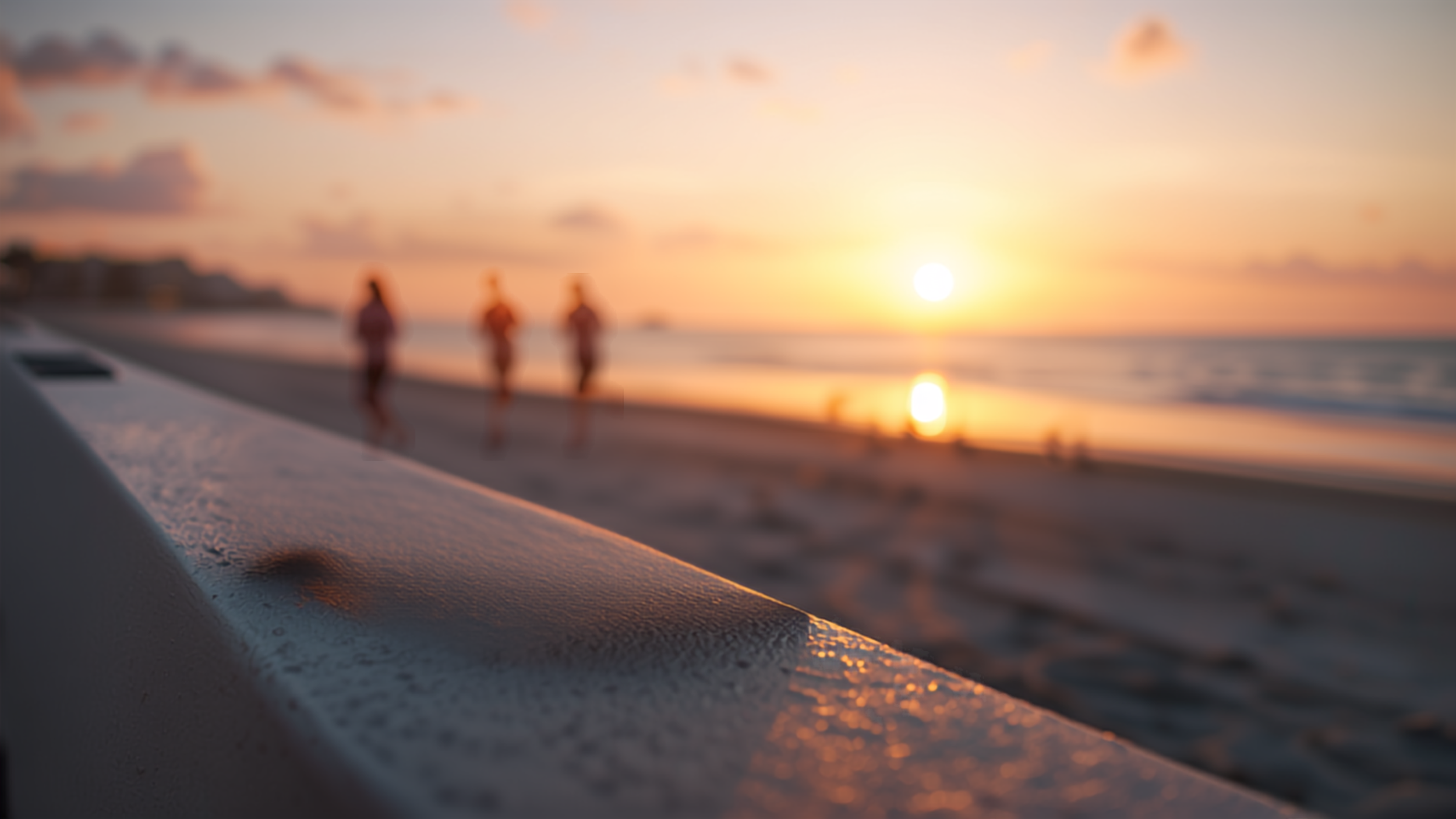 Blurred sunset over the ocean with three people walking on the beach and surfboard in the foreground.