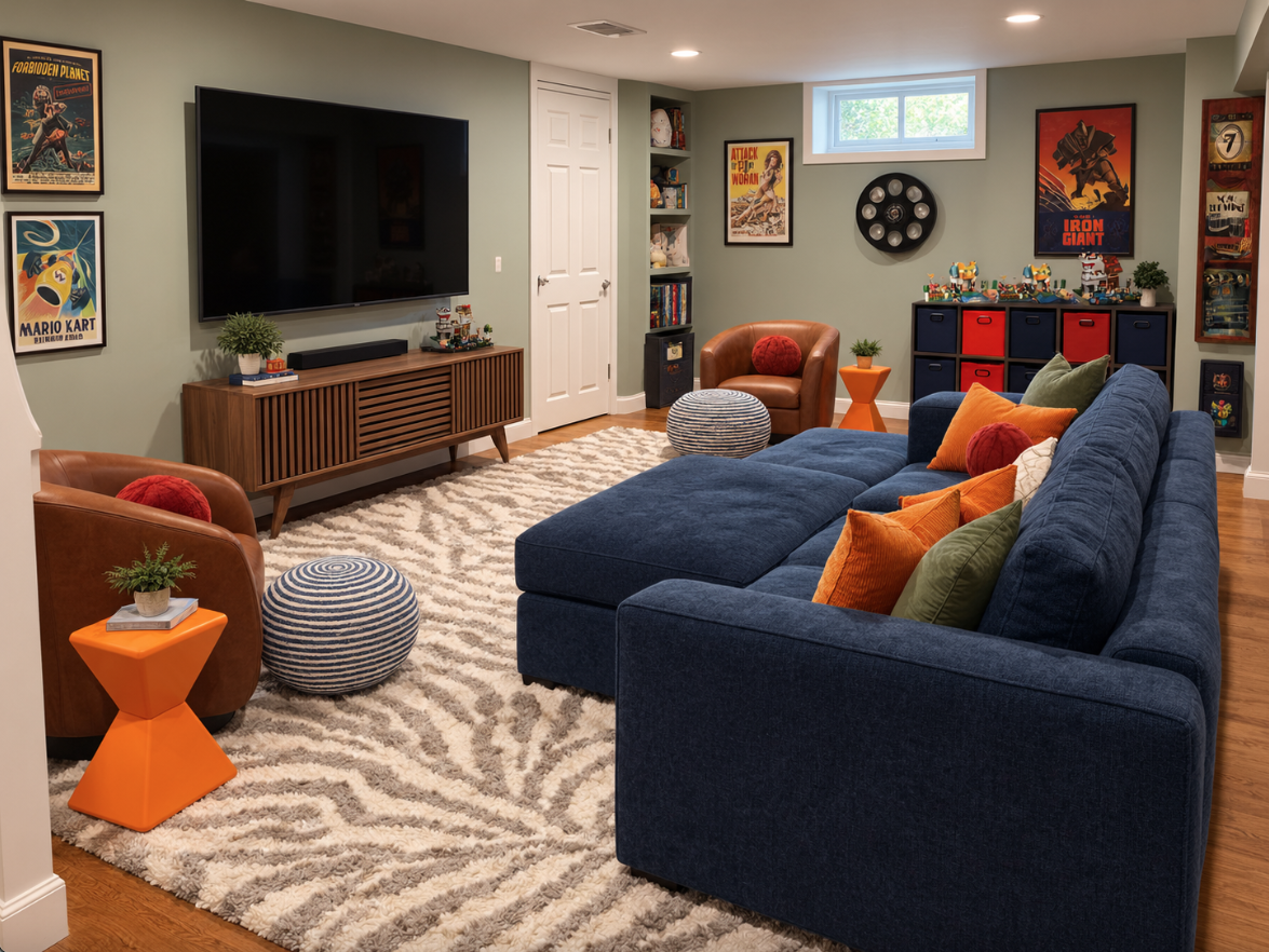 Basement family TV area with a navy sectional, wood media console, orange accents and a zebra-pattern rug