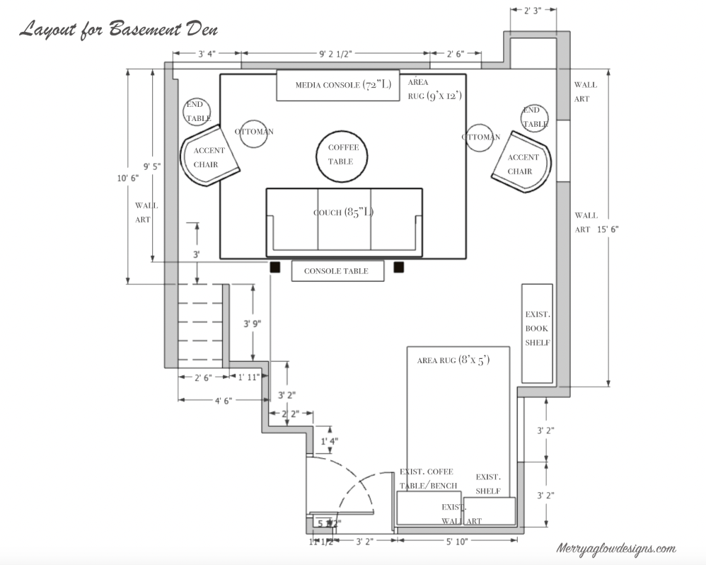 Basement den floor plan showing the TV area, play area and under-stairs space