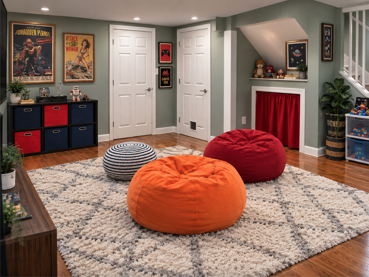 Basement play area with bean bags on a shag rug, low cube storage with bins and a curtained space under the stairs