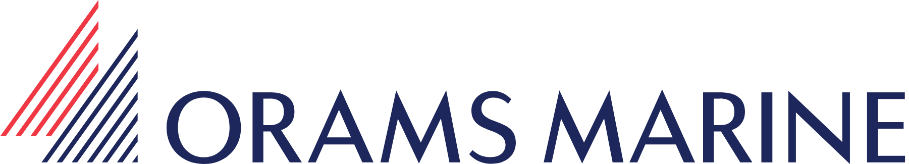 Logo with stylized red and blue lines and the words "Orams Marine" in navy blue text.