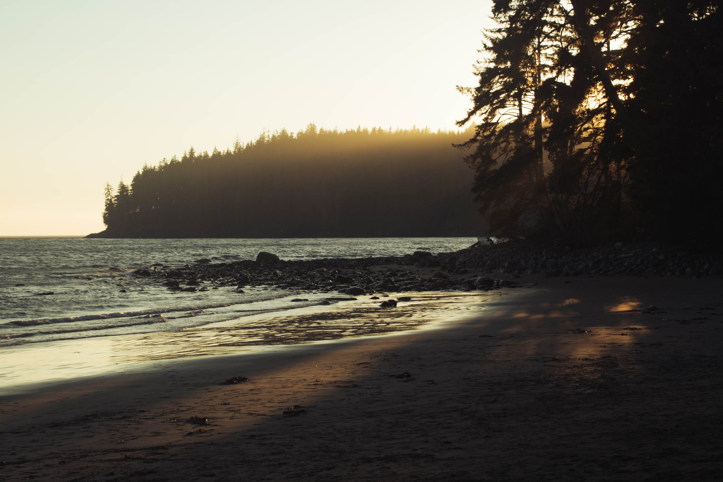Sunset over a rocky beach with trees on the right and a forested hill in the background.