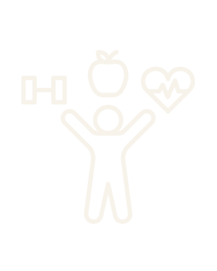 Outline of a person with icons of a dumbbell, an apple, and a heart with a heartbeat line above their head.