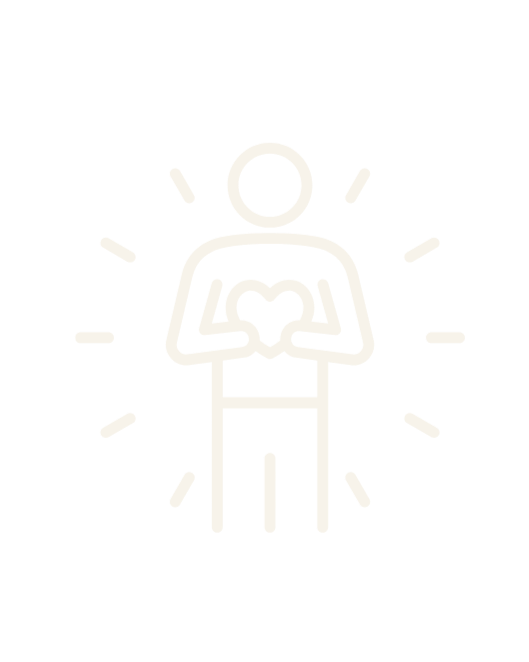 Line drawing of a person holding a heart with both hands, surrounded by radiating lines on a black background.